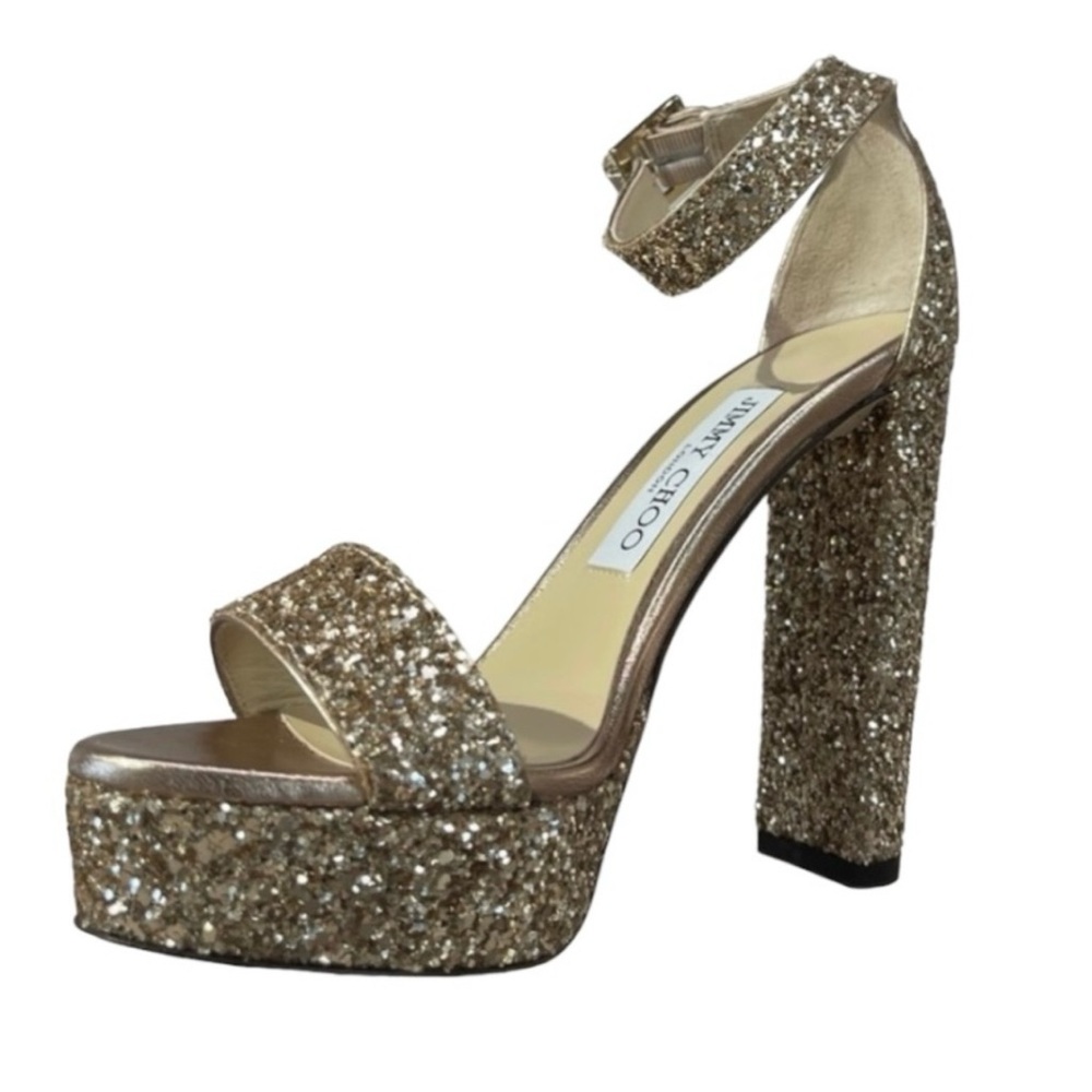 Authentic Jimmy Choo Gold Holly Coarse Glitter Heels (US 8 Women)